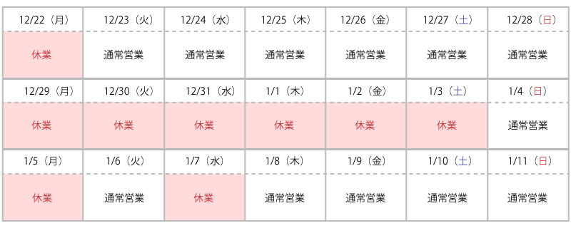 棟匠2025年末年始営業日のお知らせ